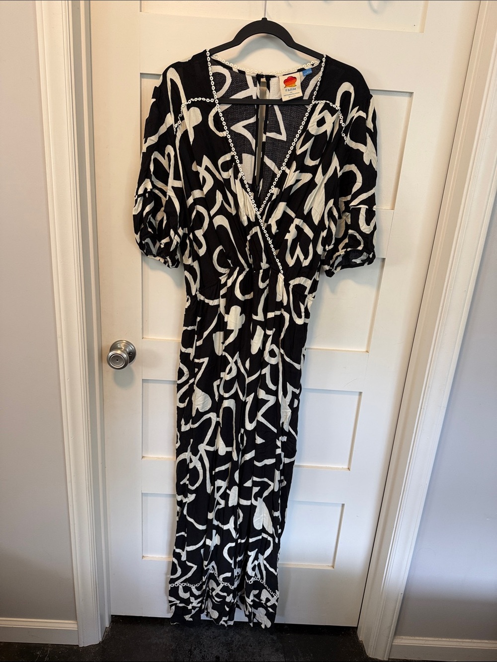 FARM for Anthropologie Black and White Abstract Heart-Print Jumpsuit